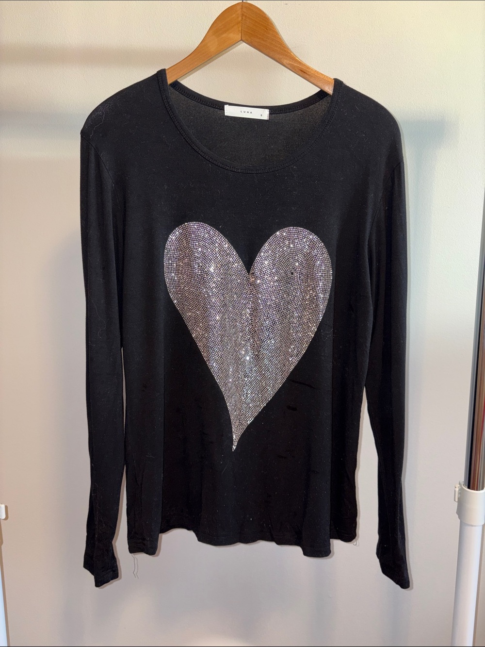 Black Long-Sleeve Tee with Silver Heart